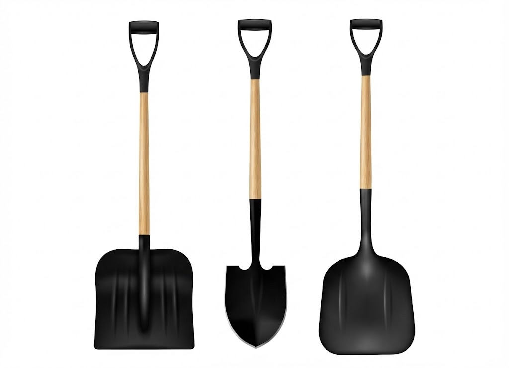 different black-bladed shovels and Spades