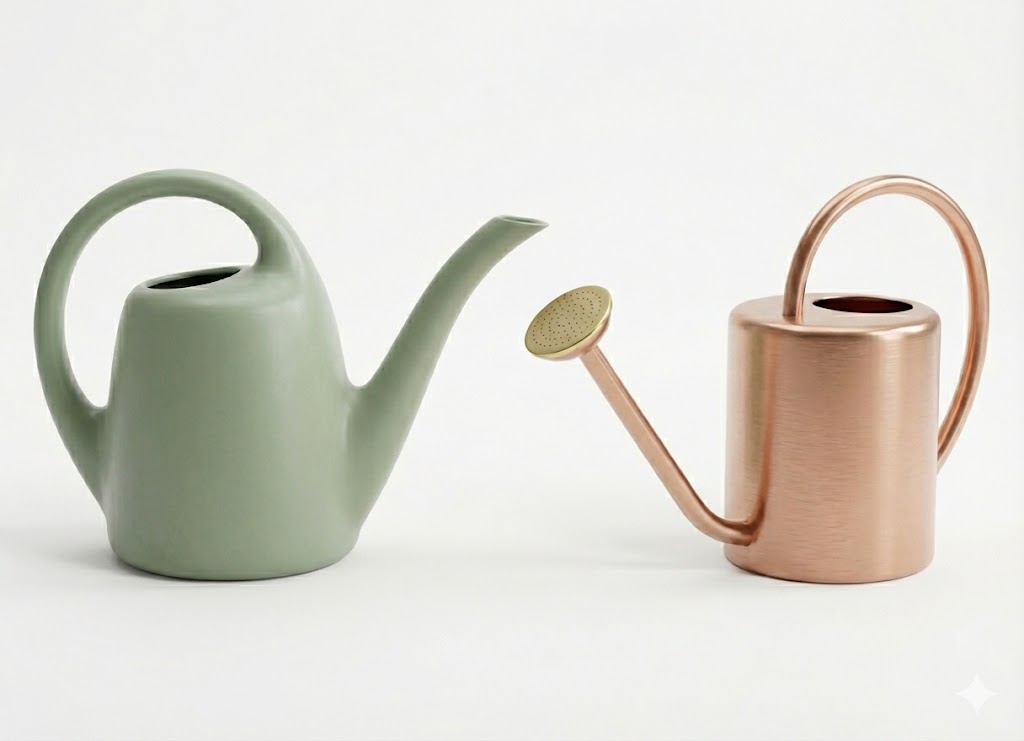 plastic and galvanised watering can